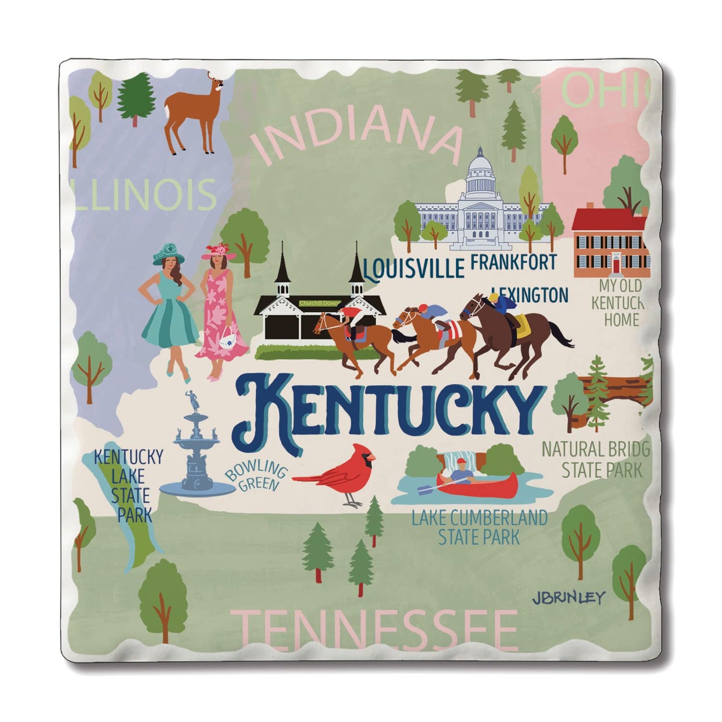 Thirstystone Kentucky Attractions 4 Pack Tumbled Tile Stone Coasters 4” Square Manufactured in the USA