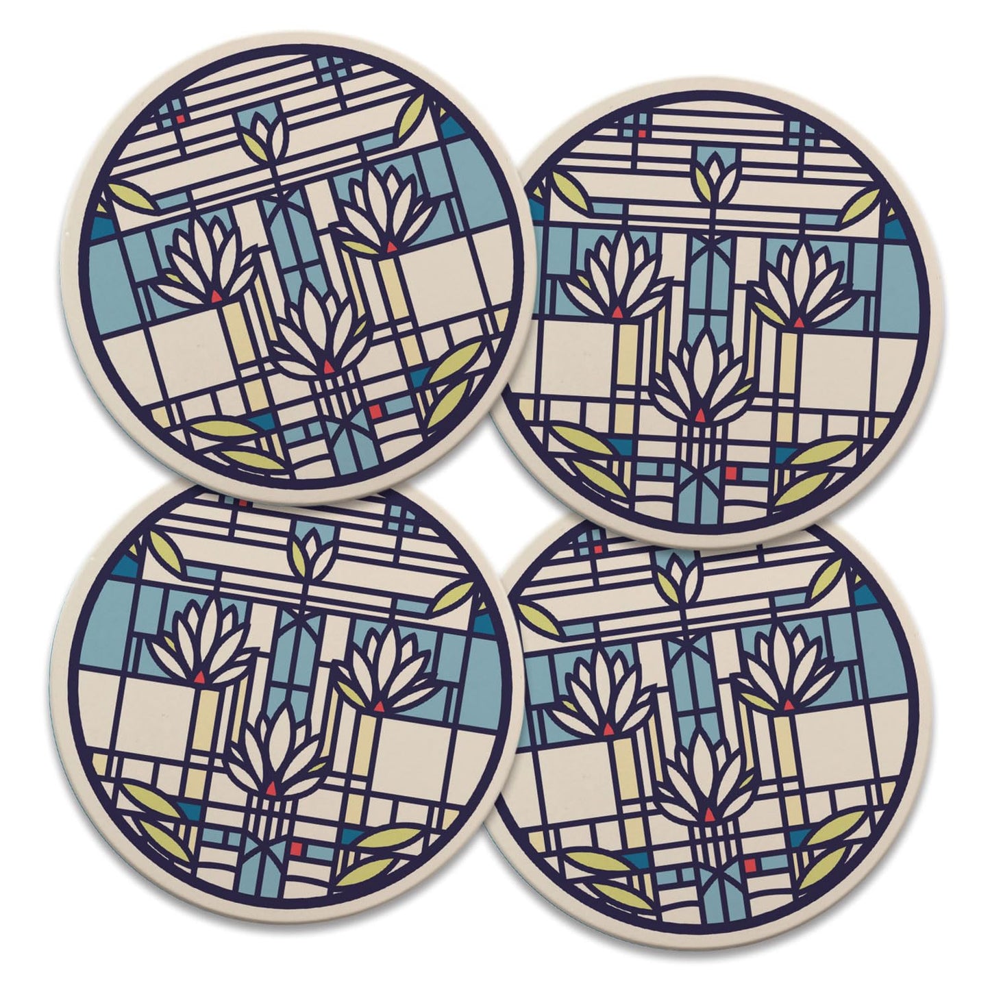 Waterlilies Design by Frank Lloyd Wright 4 Pack Round Absorbent Stone Coasters 4" Diameter