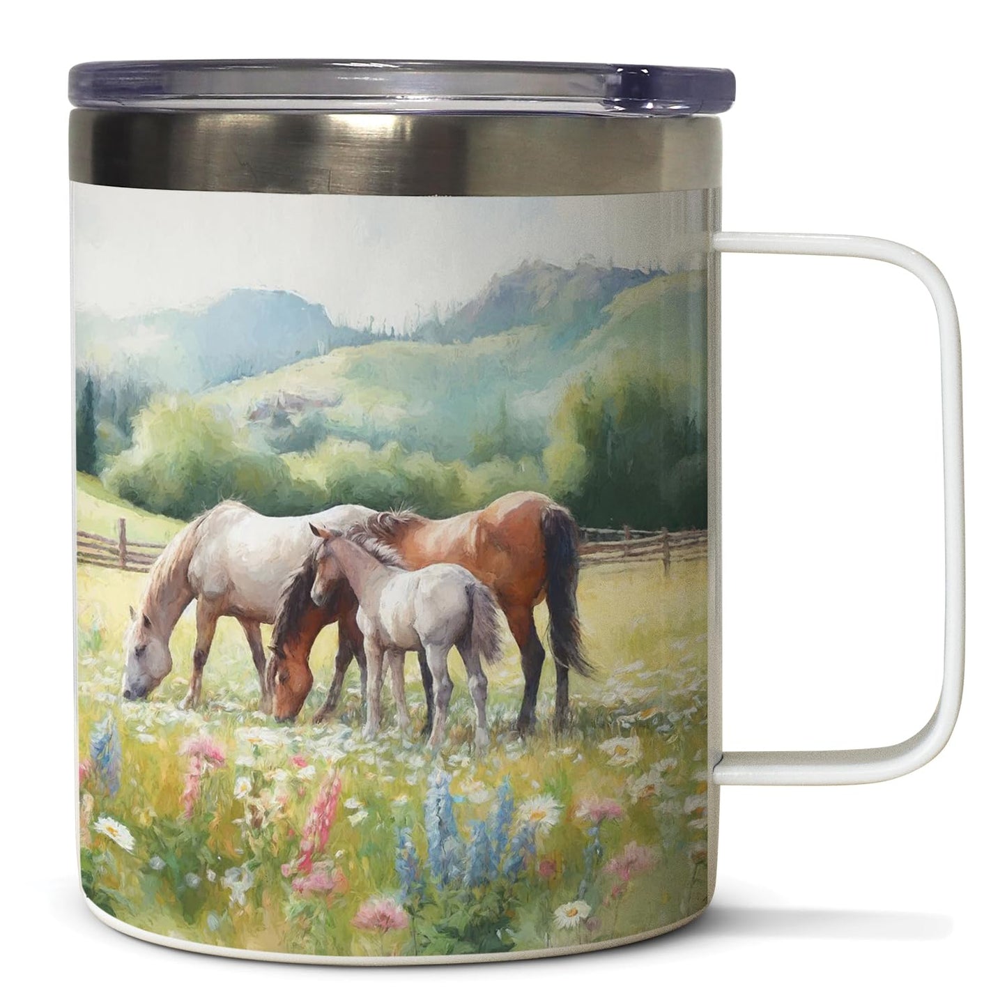 Highland Home Alpine Pastures Decorative Stainless Steel Insulated Travel Mug with Lid and Handle 12 oz. Manufactured in the USA Dishwasher Safe
