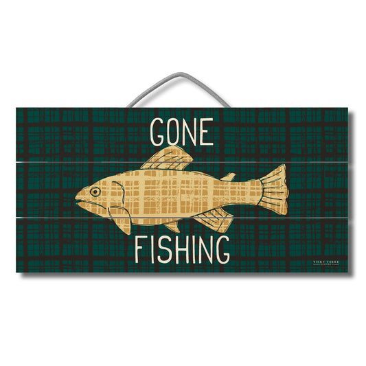 Gone Fishing Decorative Slatted Pallet Wood Sign 12" by 6" Wire Hanger Doubles as an Easel