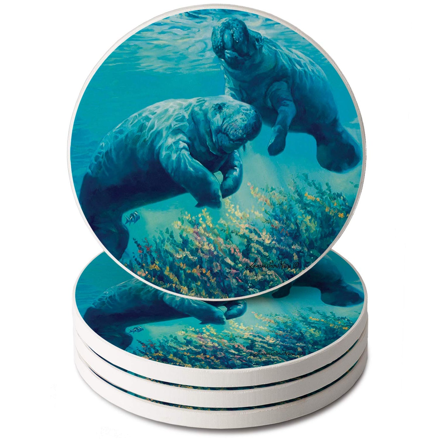 Thirstystone Underwater Manatees 4 Pack Round Absorbent Stone Coasters 4" Diameter