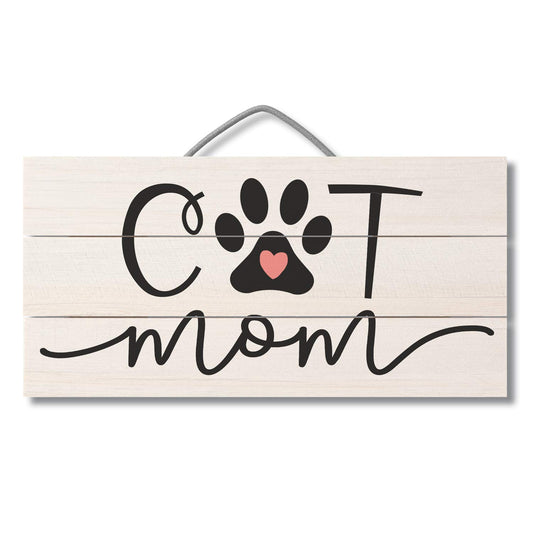 Cat Mom Decorative Slatted Pallet Wood Sign 12" by 6" Made in the USA Wire Hanger Doubles as an Easel