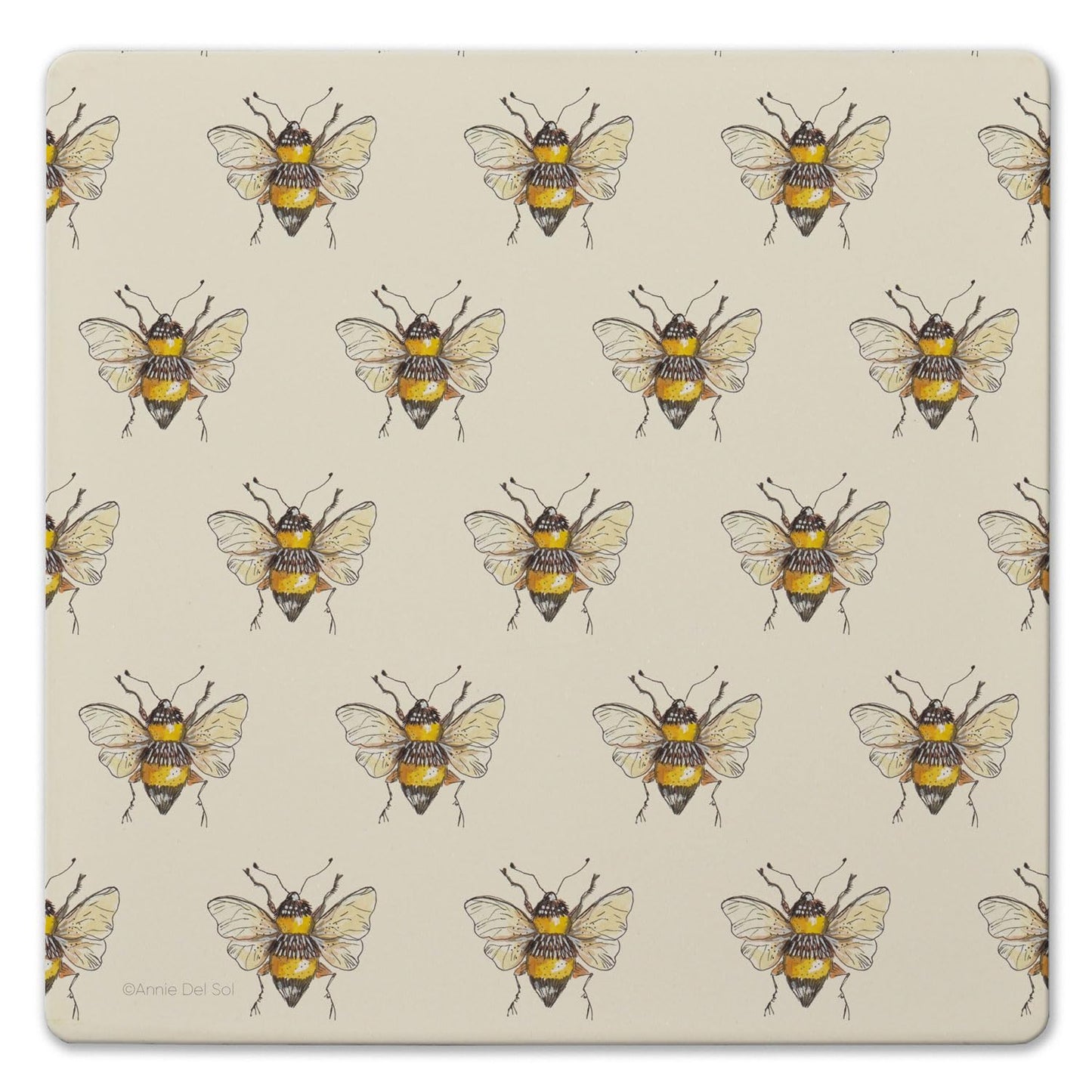 Thirstystone Bee Pattern Decorative Heat Tolerant Stone Trivet with Non-Skid Cork Backing 8” Square