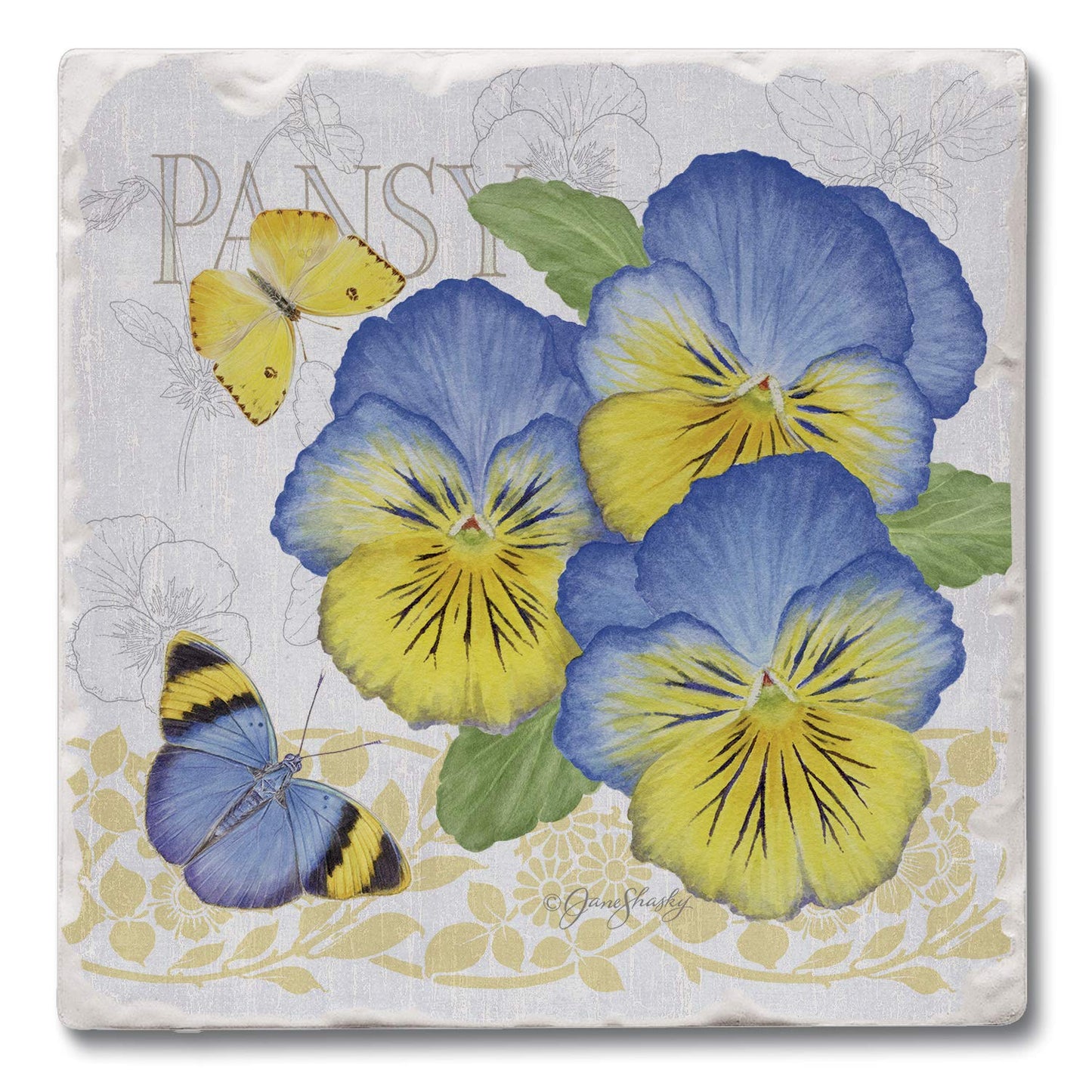 Thirstystone Pansies Single Tumbled Tile Stone Coaster with Protective Cork Backing Manufactured in The USA 4" Square, Artistic, Easily Wipes Clean