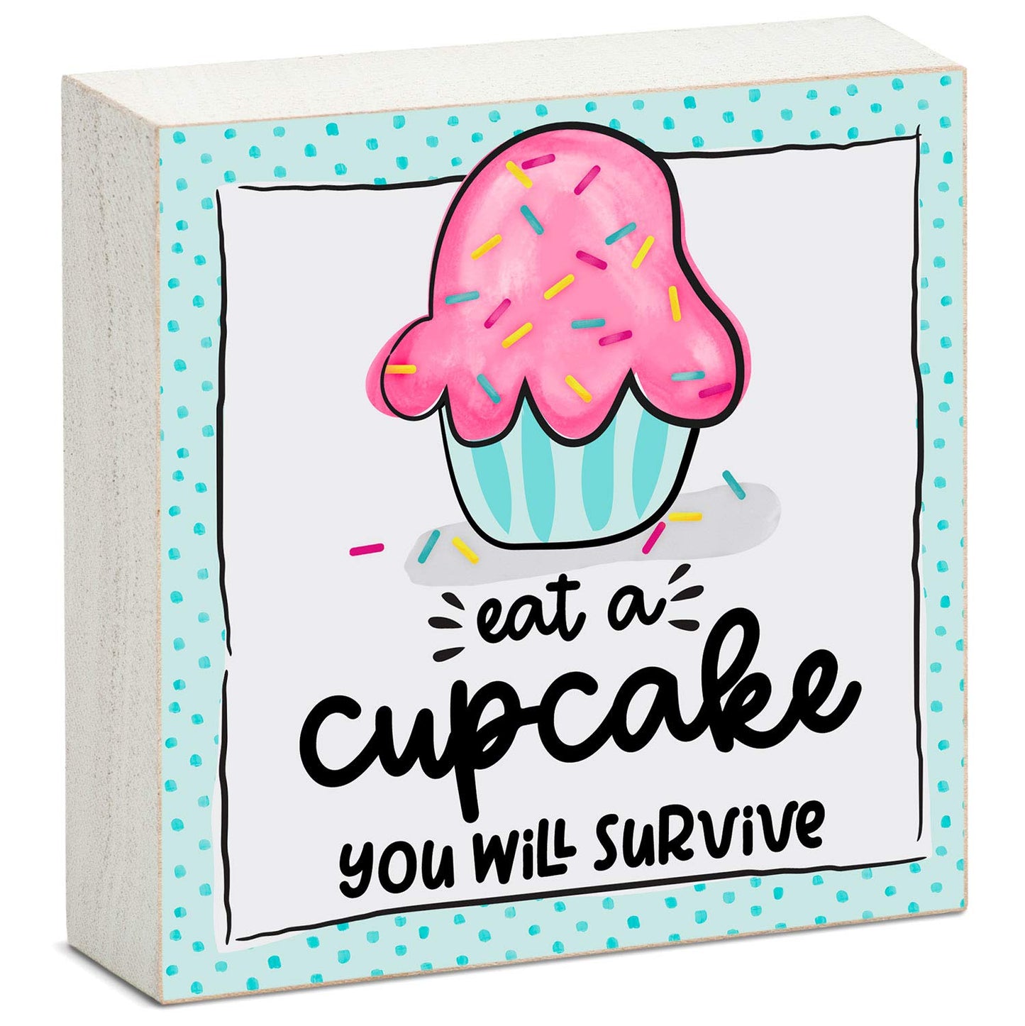 CounterArt "Eat A Cupcake" Artistic Freestanding Solid Wood Block Sign Made in the USA 3.75” Square Decorative Accent for Home or Office