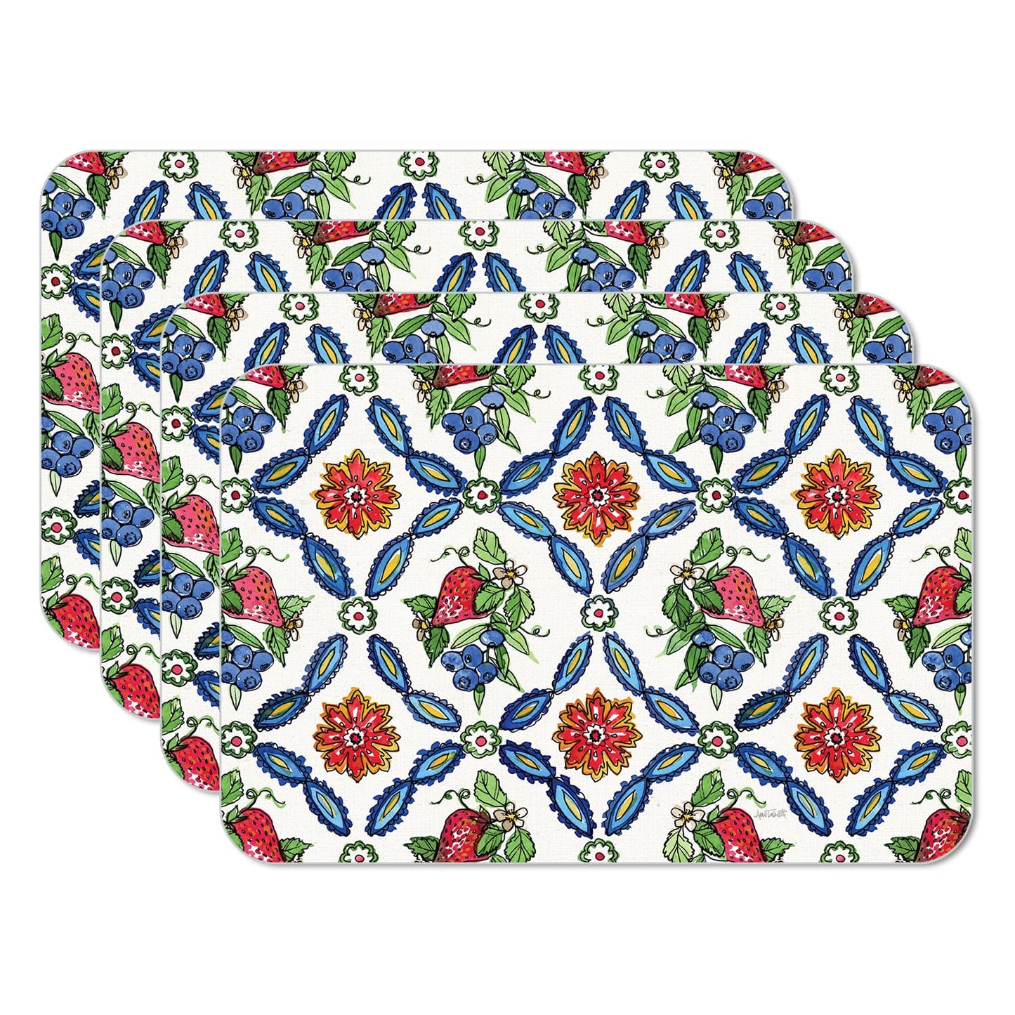 CounterArt Strawberry Garden 4 Pack Reversible Easy Care Flexible Placemats Made in the USA