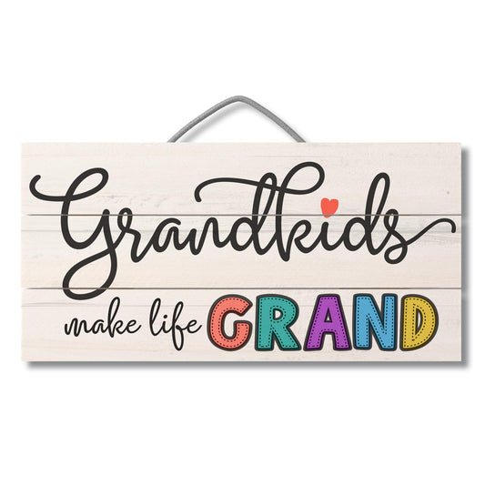 Grandkids Make Life Grand Decorative Pallet Wood Sign 12" x 6" Made in the USA Wire Hanger Doubles as an Easel