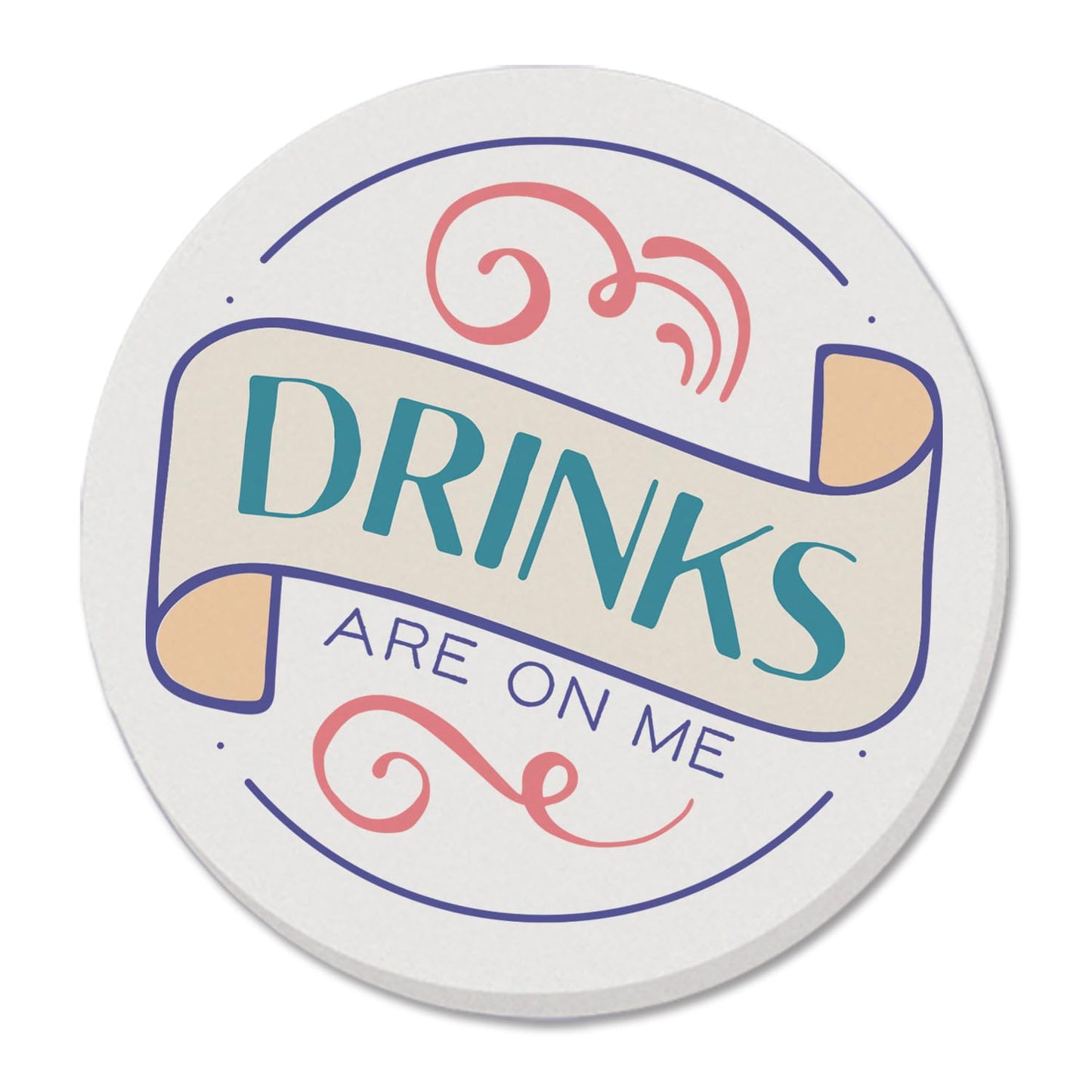 Thirstystone Drinks on Me Single Round Absorbent Stone Coaster with Protective Cork Backing Manufactured in The USA 4" Diameter