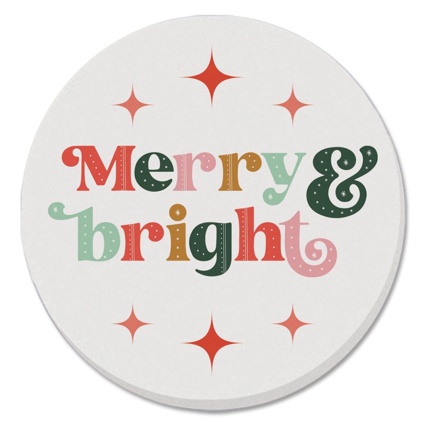 Merry & Bright Single Round Absorbent Stone Coaster with Protective Cork Backing Manufactured in The USA 4" Diameter