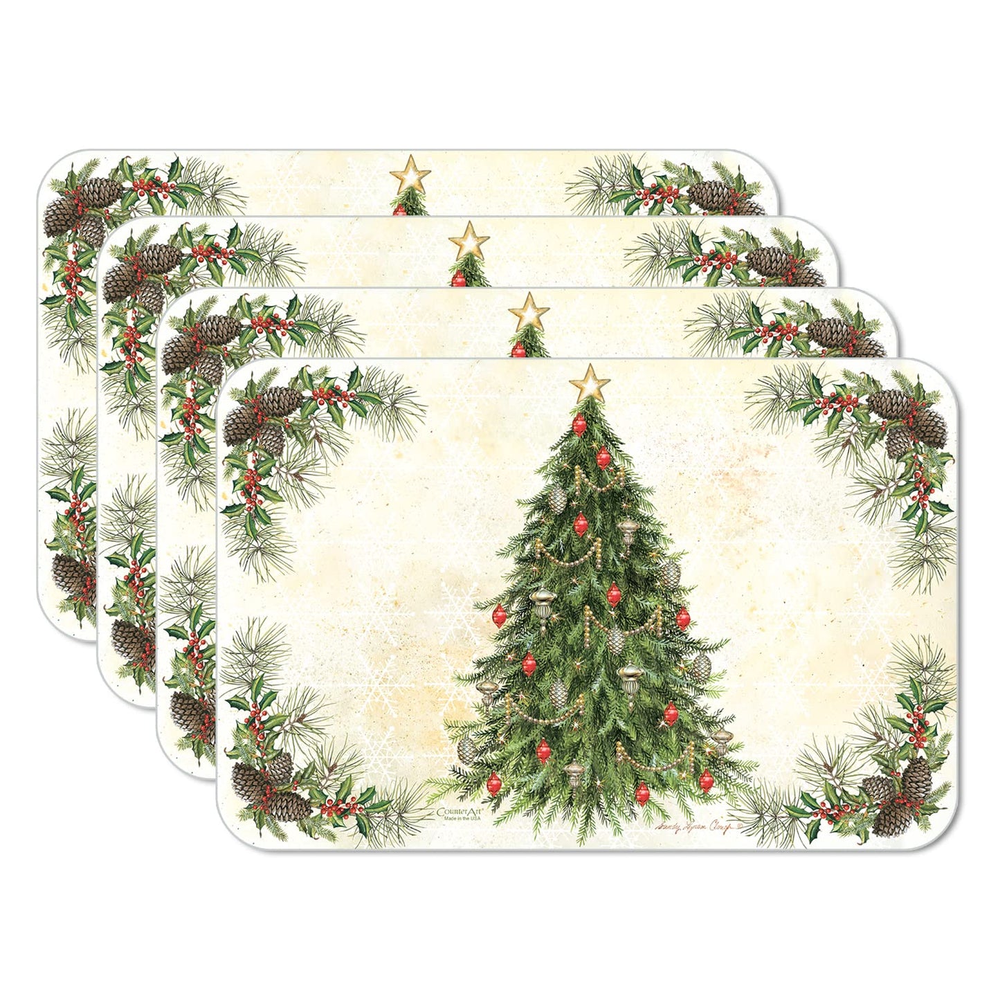 CounterArt Vintage Christmas Tree Reversible Easy Care Flexible Plastic Placemats 4 Pack Made in The USA BPA Free Easily Wipes Clean