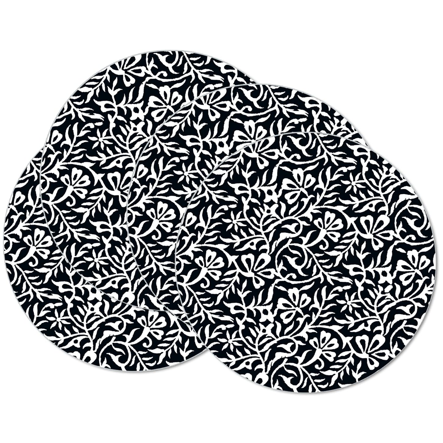 CounterArt Black & White Woodblock Round Reversible Easy Care Flexible Plastic Placemat, 4 Pack, Made in The USA
