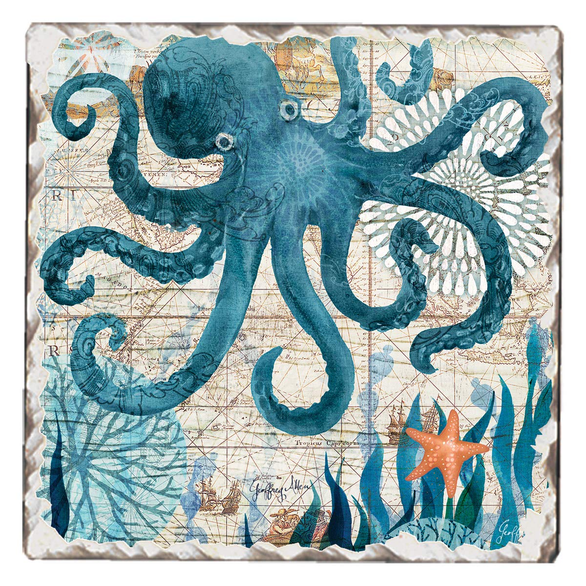 Thirstystone Nautical Octopus Single Tumbled Tile Stone Coaster with Protective Cork Backing Manufactured in The USA 4" Square, Colorful, Artistiic, Easily Wipes Clean
