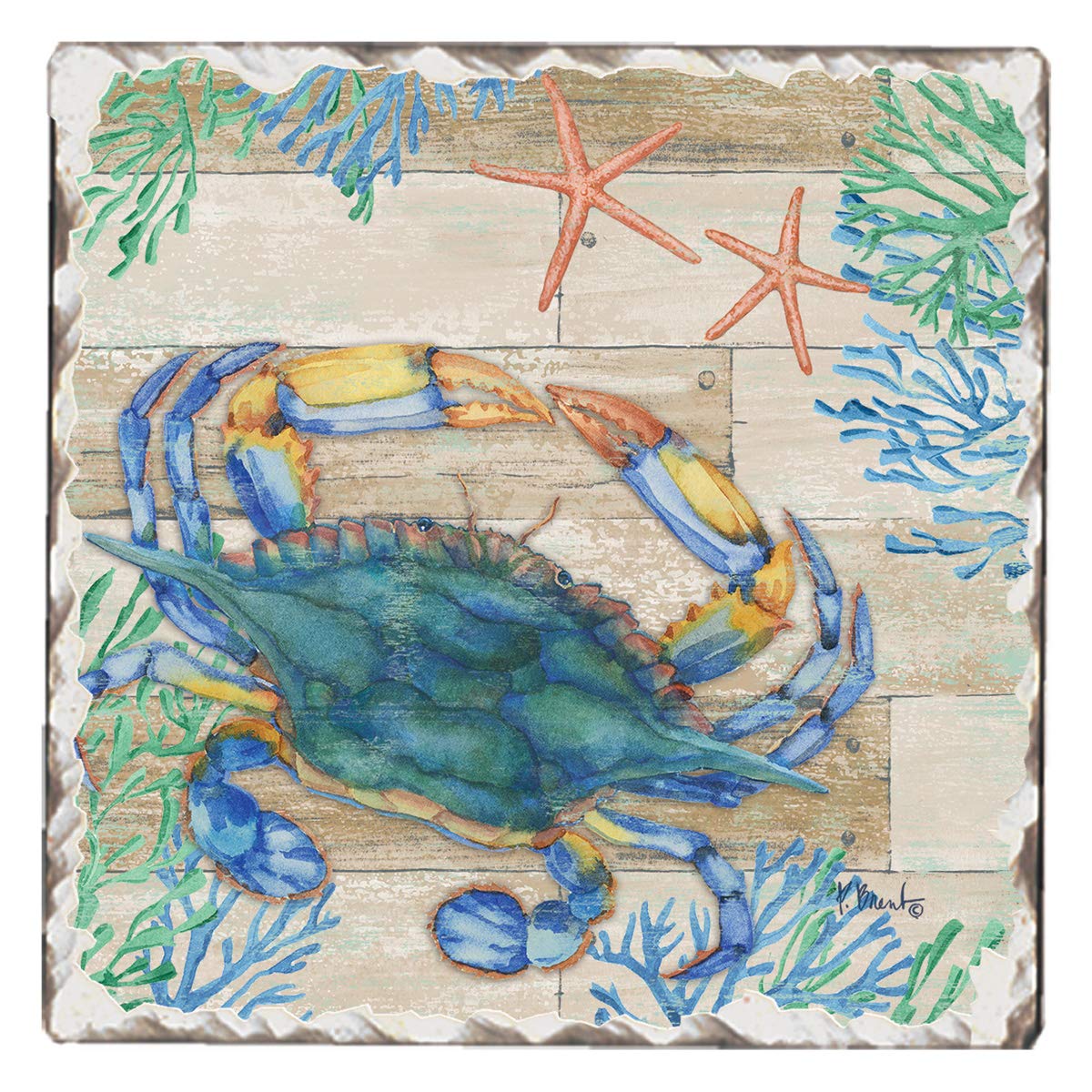 Thirstystone Crab Life Single Tumbled Tile Stone Coaster with Protective Cork Backing Manufactured in The USA 4" Square, Colorful, Artistiic, Easily Wipes Clean