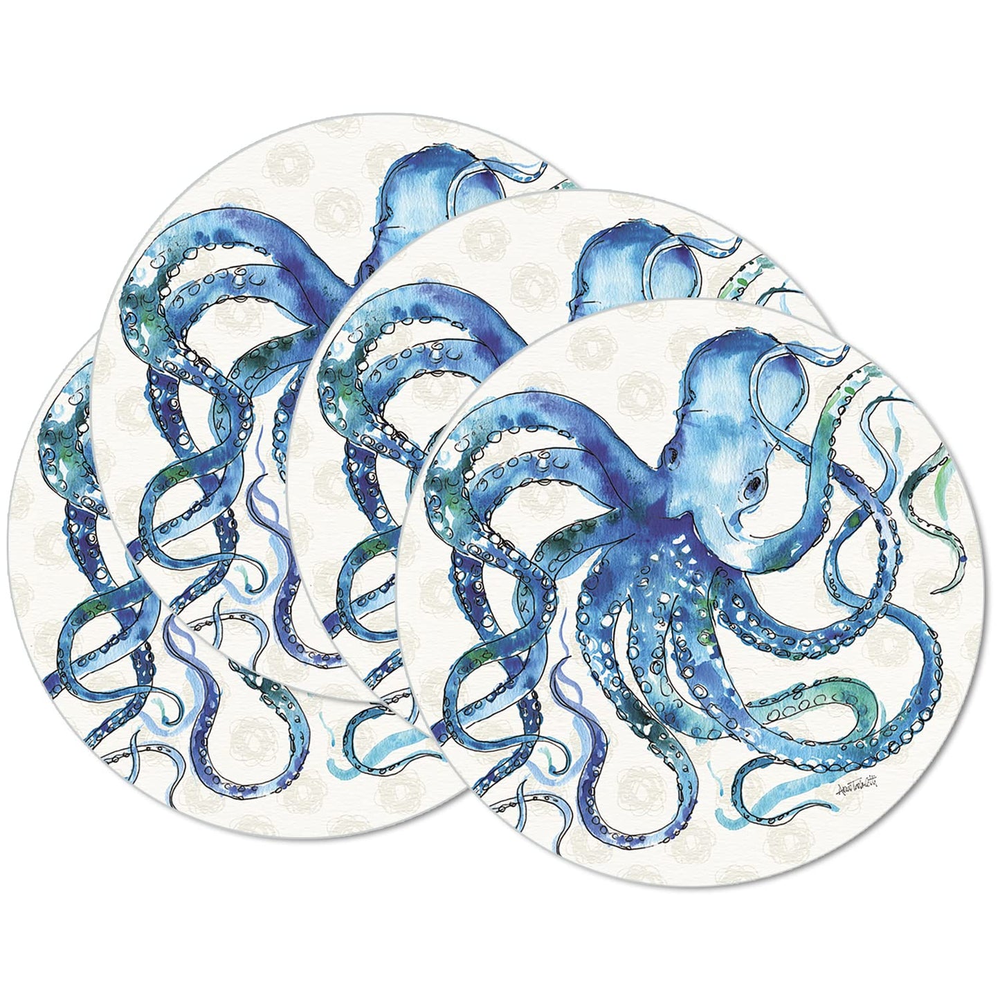 CounterArt Deep Sea 4 Pack Round Reversible Easy Care Placemats Made in The USA 13.5" Diameter