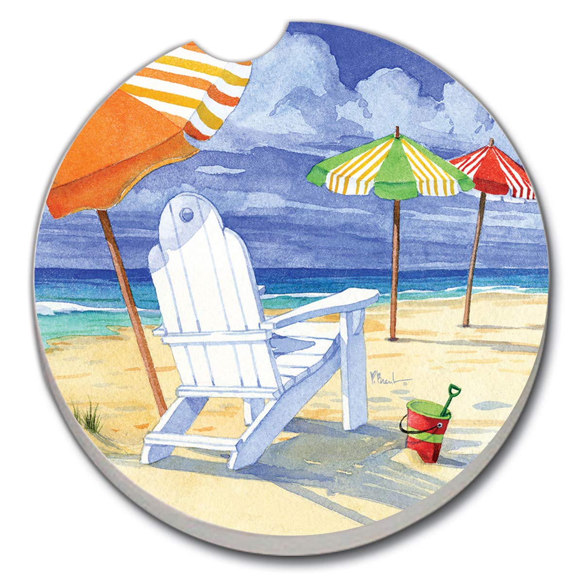 CounterArt Beach Umbrella Single Absorbnent Stone Coaster for Vehicle Cup Holder 2.6” Diameter Manufactured in The USA