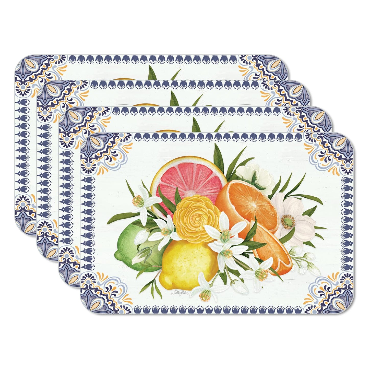 CounterArt Mediterranean Citrus 4 Pack Reversible Easy Care Flexible Placemats Made in the USA