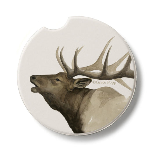 Thirstystone Call of The Elk Single Absorbent Stone Coaster for Vehicle Cup Holder 2.6” Diameter Manufactured in The USA