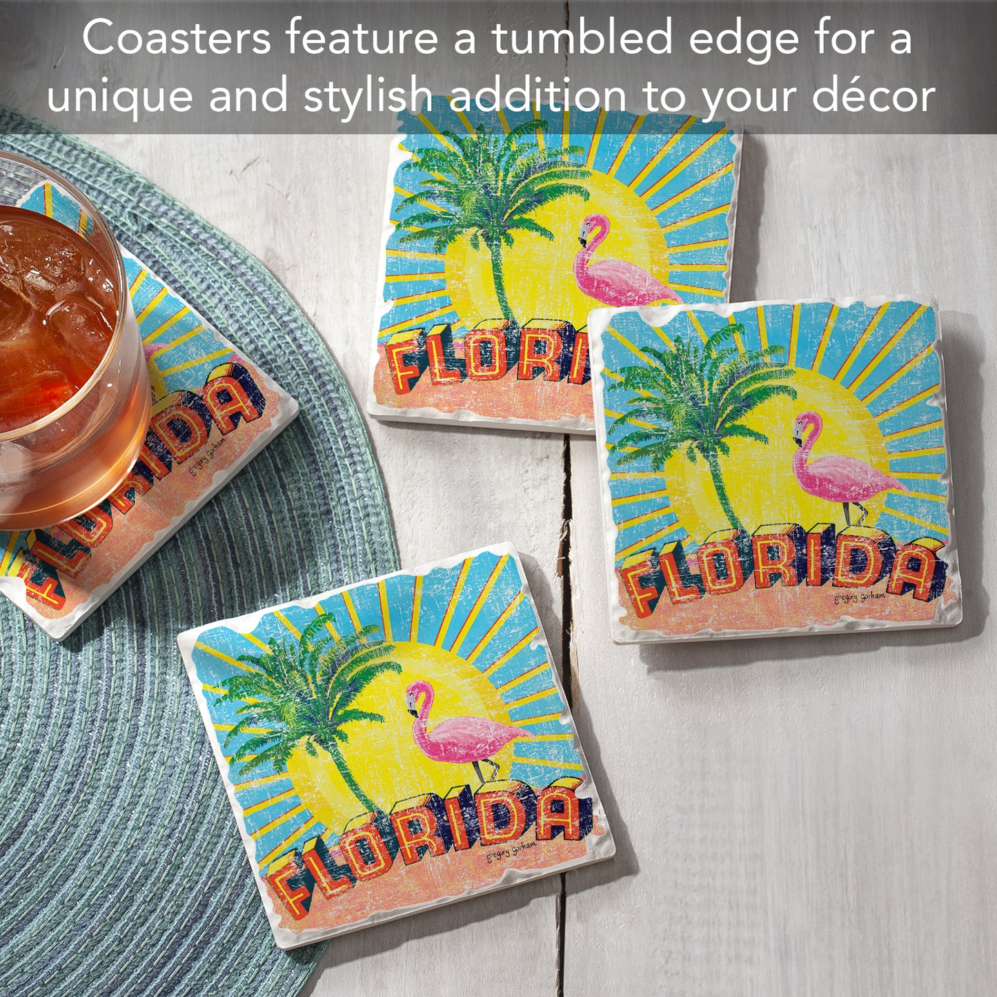 Thirstystone Florida Retro 4 Pack Tumbled Tile Stone Coasters 4" Square Manufactured in the USA