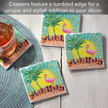 Thirstystone Florida Retro 4 Pack Tumbled Tile Stone Coasters 4" Square Manufactured in the USA