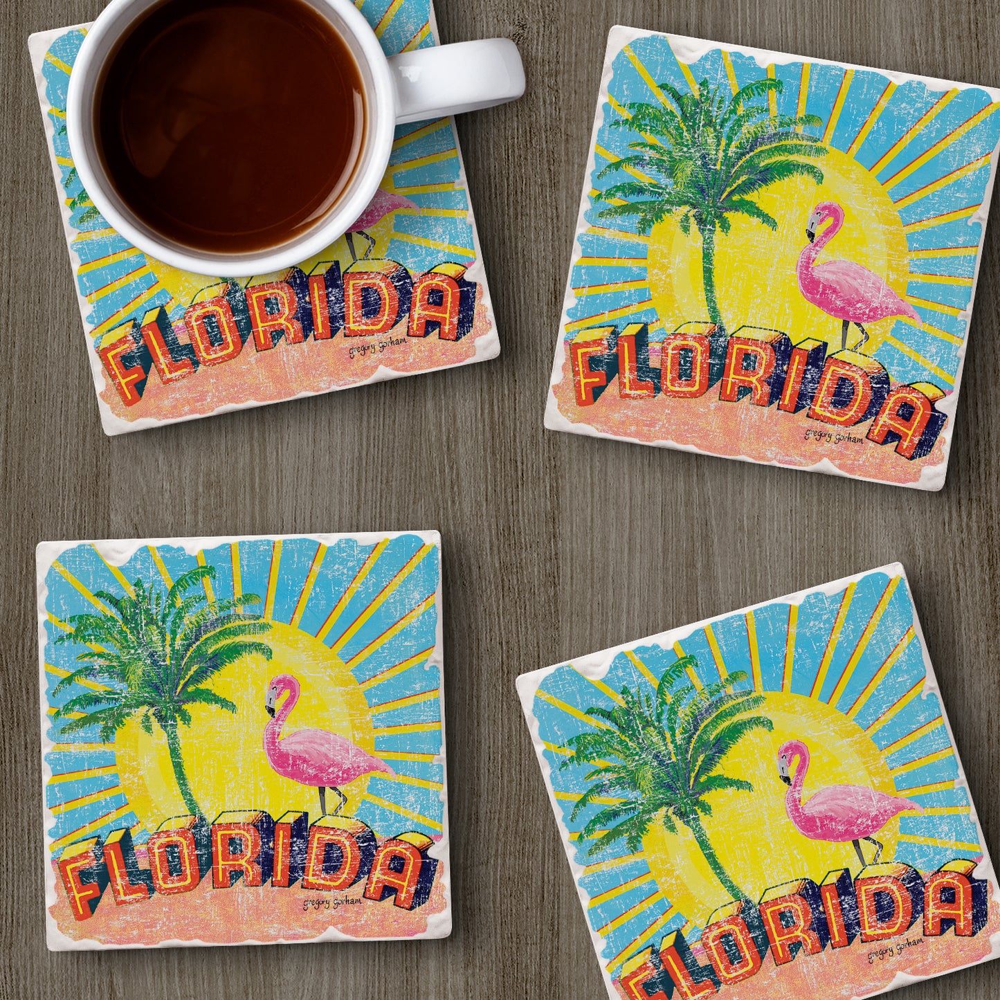 Thirstystone Florida Retro 4 Pack Tumbled Tile Stone Coasters 4" Square Manufactured in the USA