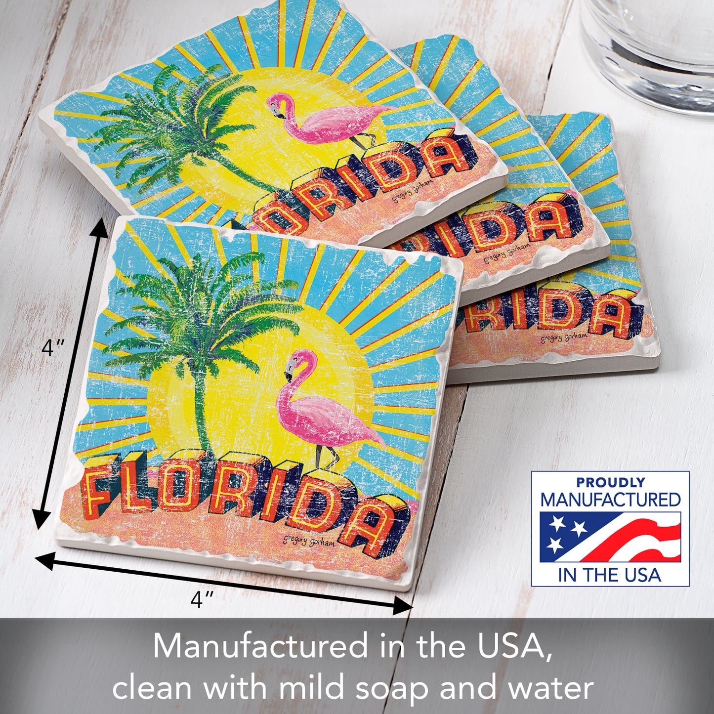 Thirstystone Florida Retro 4 Pack Tumbled Tile Stone Coasters 4" Square Manufactured in the USA