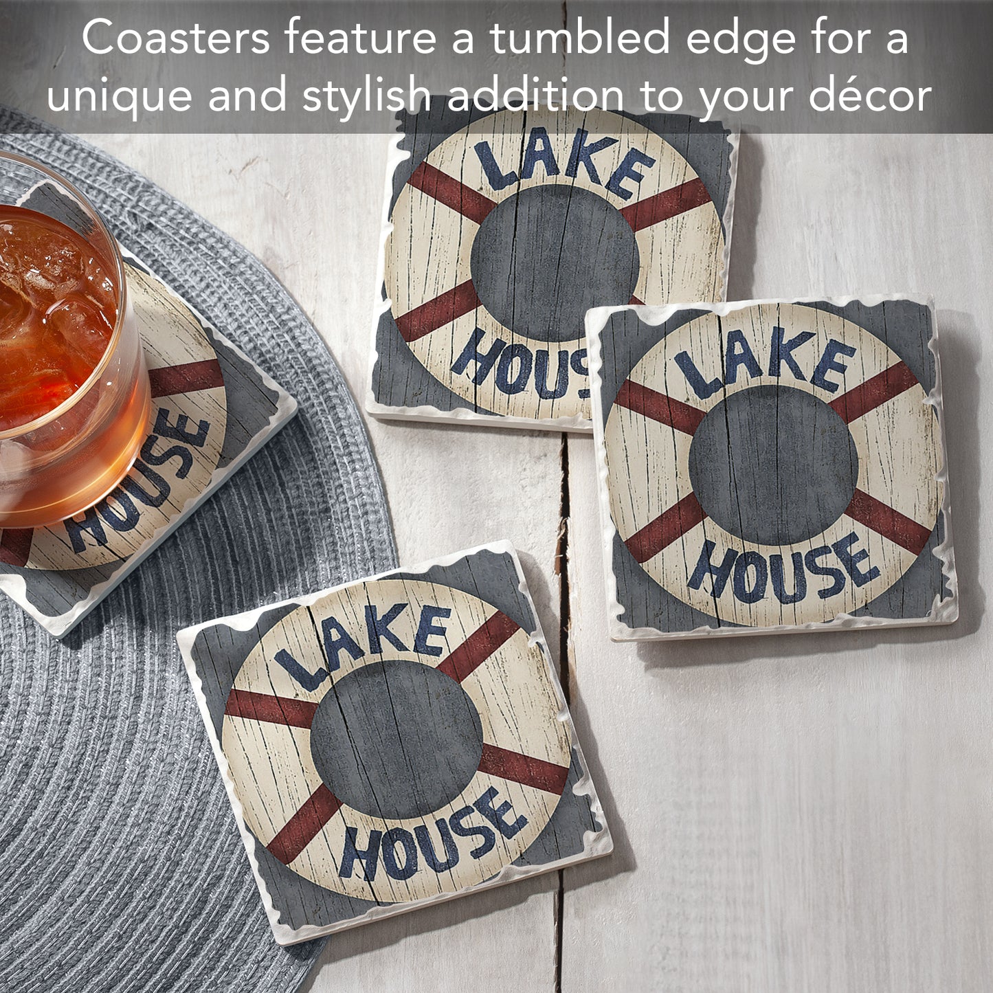 Thirstystone Lake House Preserver 4-Pack Tumbled Tile Stone Coasters 4" Square Manufactured in the USA
