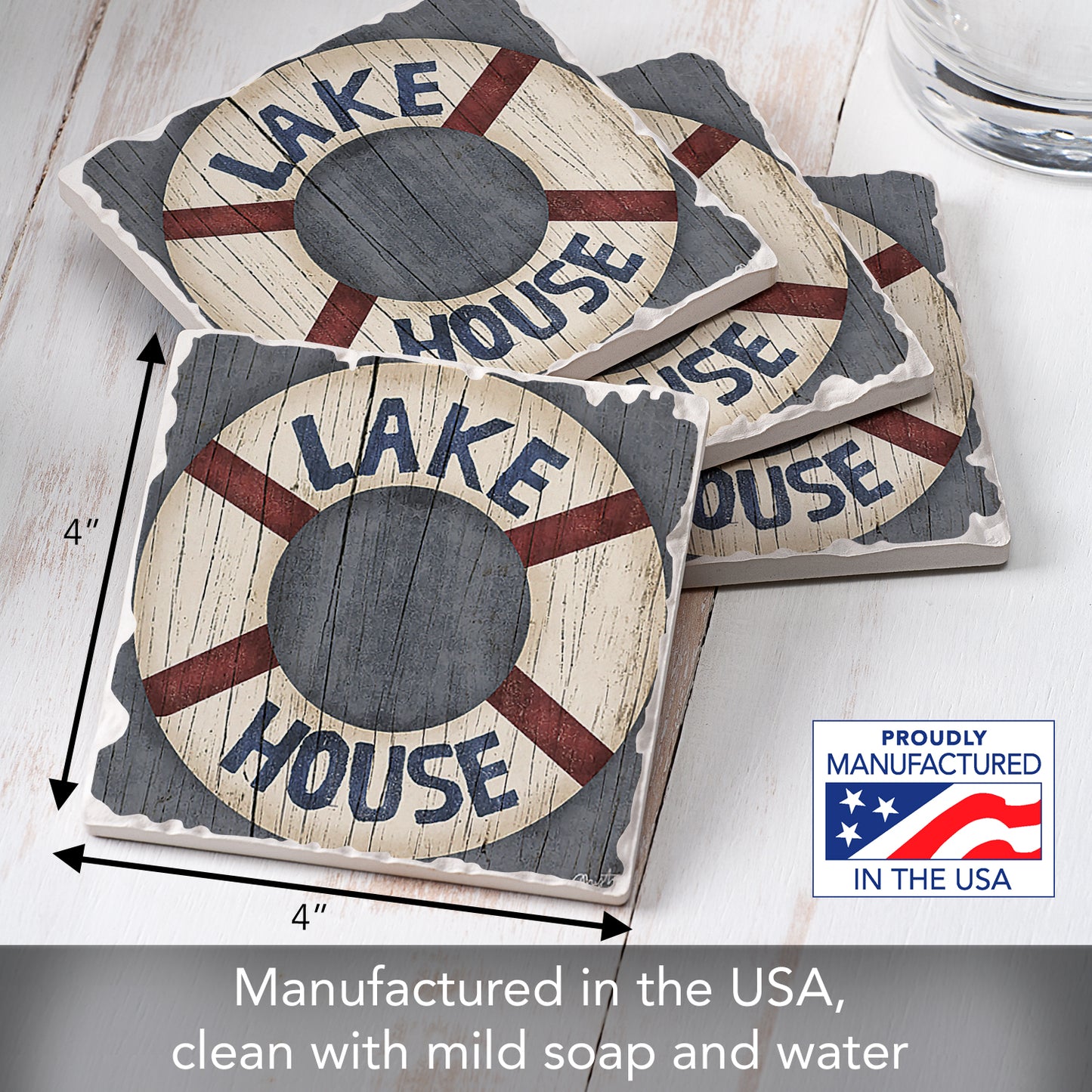 Thirstystone Lake House Preserver 4-Pack Tumbled Tile Stone Coasters 4" Square Manufactured in the USA
