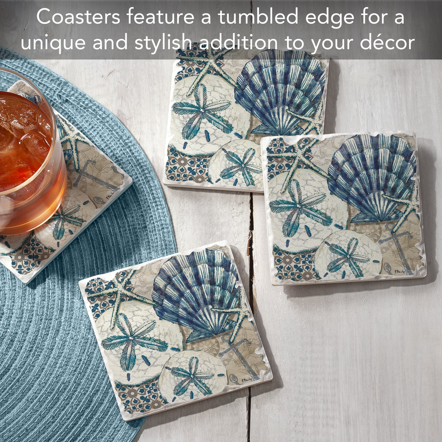 Thirstystone Tide Pool Shells 4-Pack Tumbled Tile Stone Coasters 4" Square Manufactured in the USA