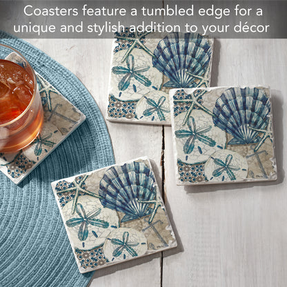 Thirstystone Tide Pool Shells 4-Pack Tumbled Tile Stone Coasters 4" Square Manufactured in the USA