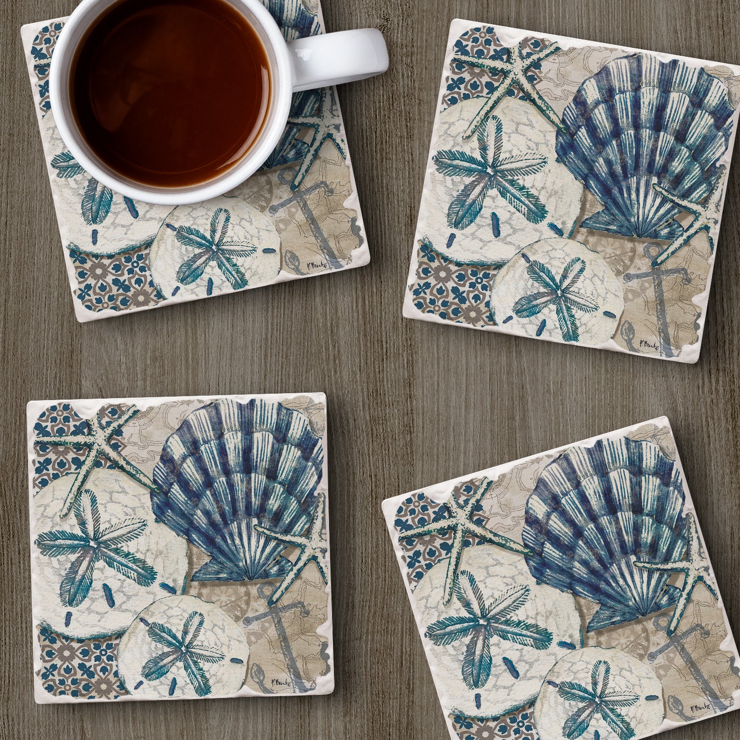Thirstystone Tide Pool Shells 4-Pack Tumbled Tile Stone Coasters 4" Square Manufactured in the USA
