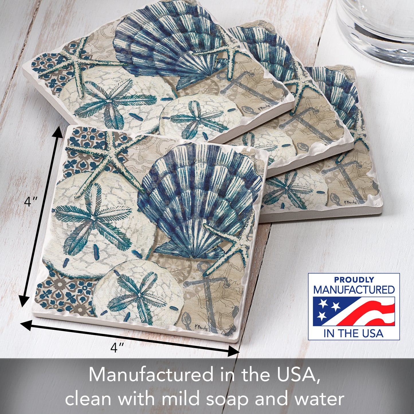 Thirstystone Tide Pool Shells 4-Pack Tumbled Tile Stone Coasters 4" Square Manufactured in the USA