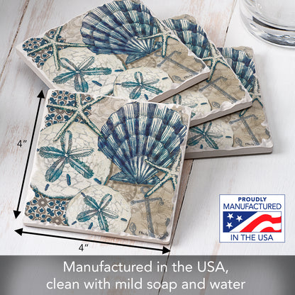 Thirstystone Tide Pool Shells 4-Pack Tumbled Tile Stone Coasters 4" Square Manufactured in the USA