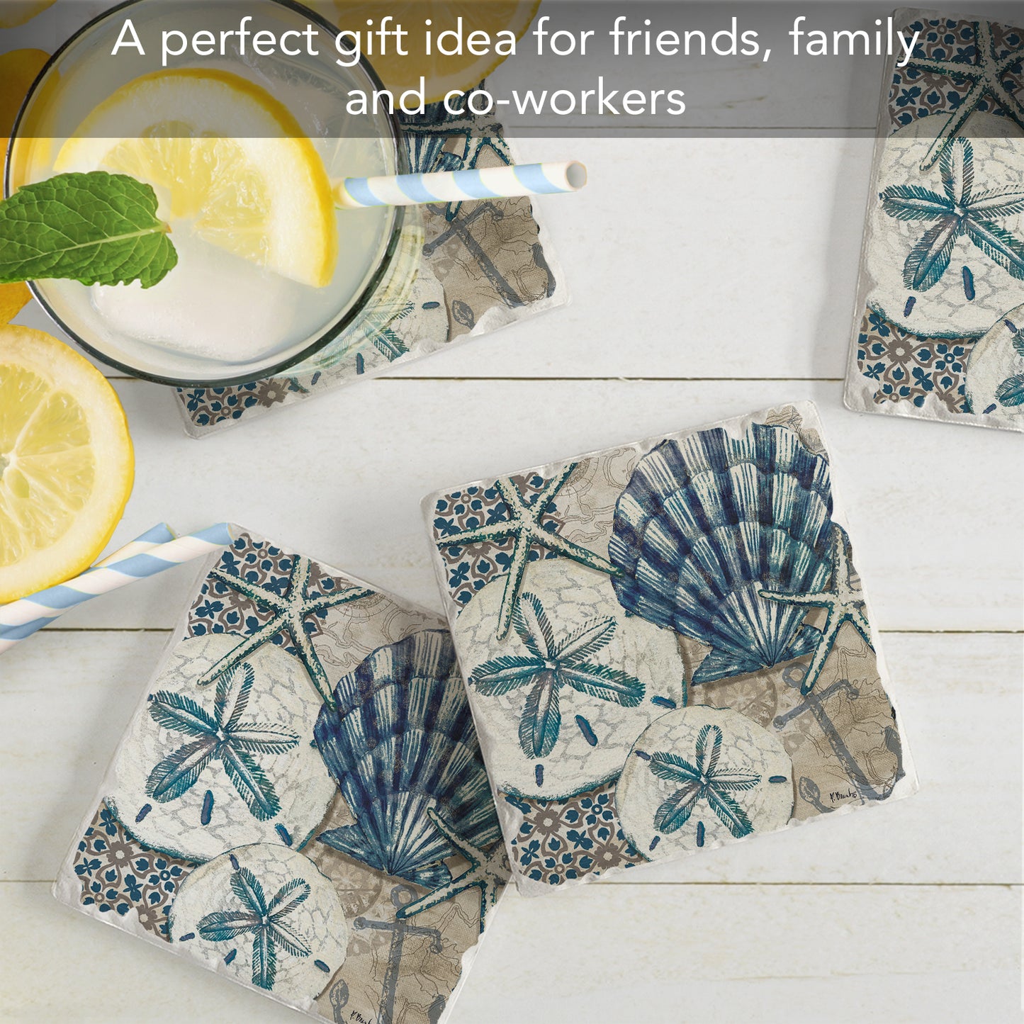 Thirstystone Tide Pool Shells 4-Pack Tumbled Tile Stone Coasters 4" Square Manufactured in the USA