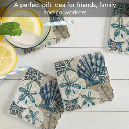 Thirstystone Tide Pool Shells 4-Pack Tumbled Tile Stone Coasters 4" Square Manufactured in the USA