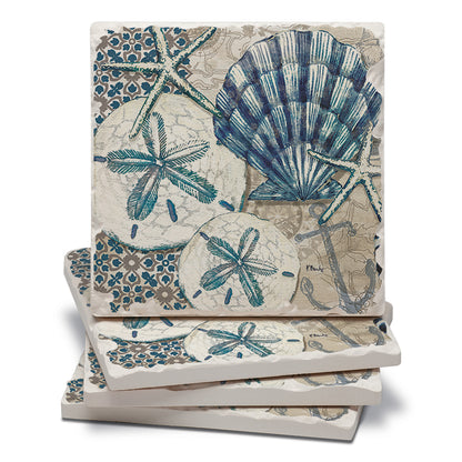 Thirstystone Tide Pool Shells 4-Pack Tumbled Tile Stone Coasters 4" Square Manufactured in the USA