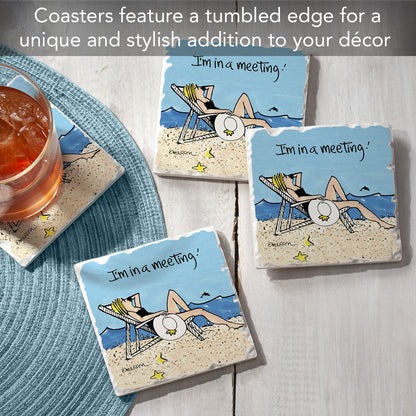 Thirstystone Beach Meeting 4 Pack Tumbled Tile Stone Coasters 4" Square Manufactured in the USA