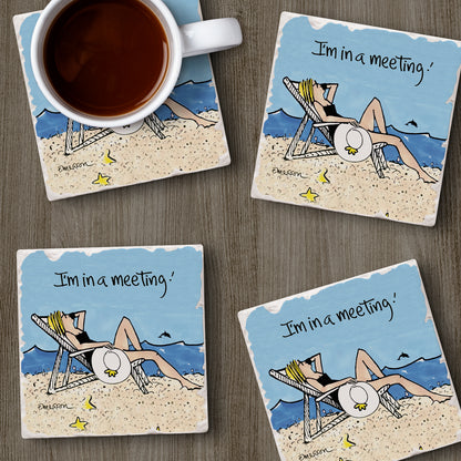 Thirstystone Beach Meeting 4 Pack Tumbled Tile Stone Coasters 4" Square Manufactured in the USA