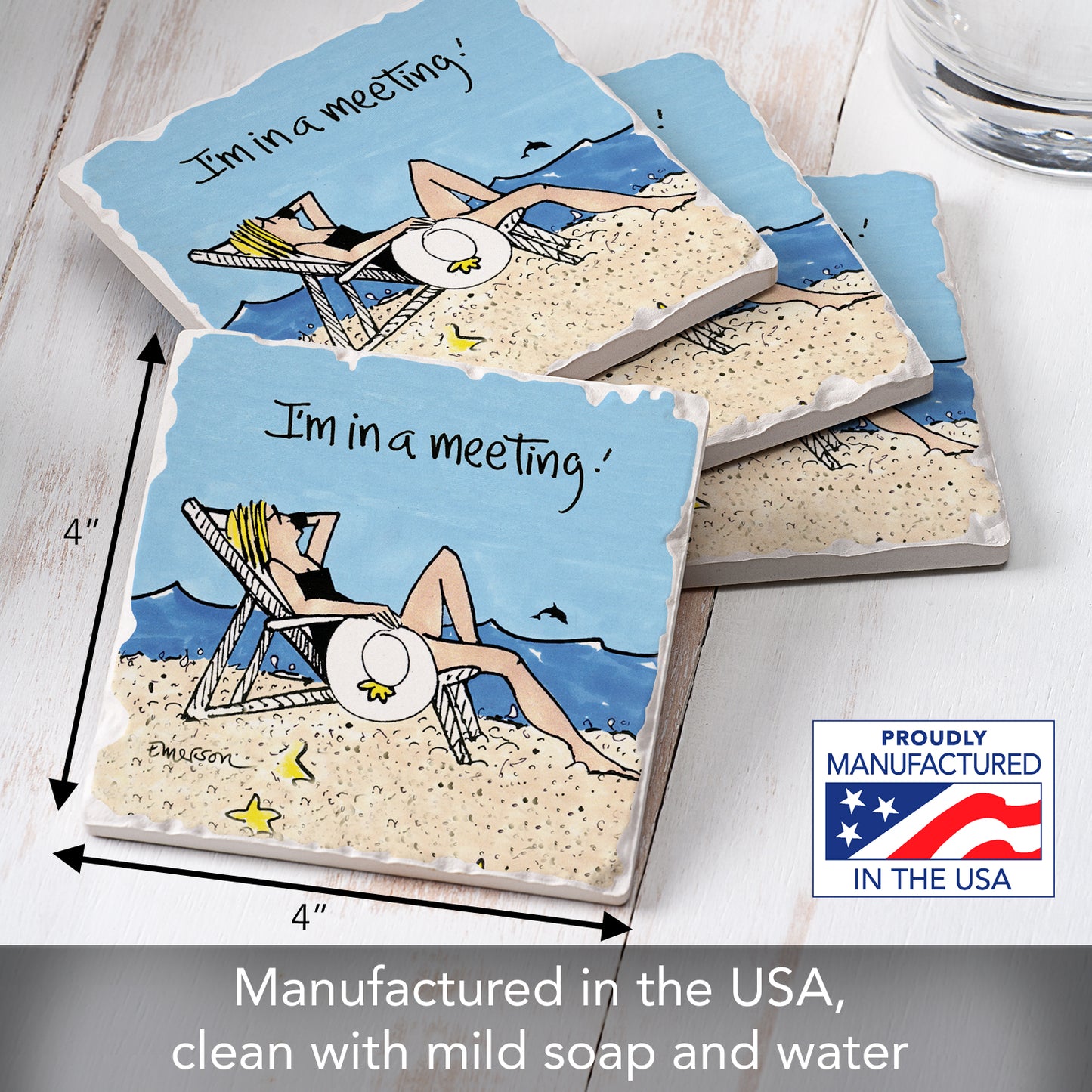 Thirstystone Beach Meeting 4 Pack Tumbled Tile Stone Coasters 4" Square Manufactured in the USA