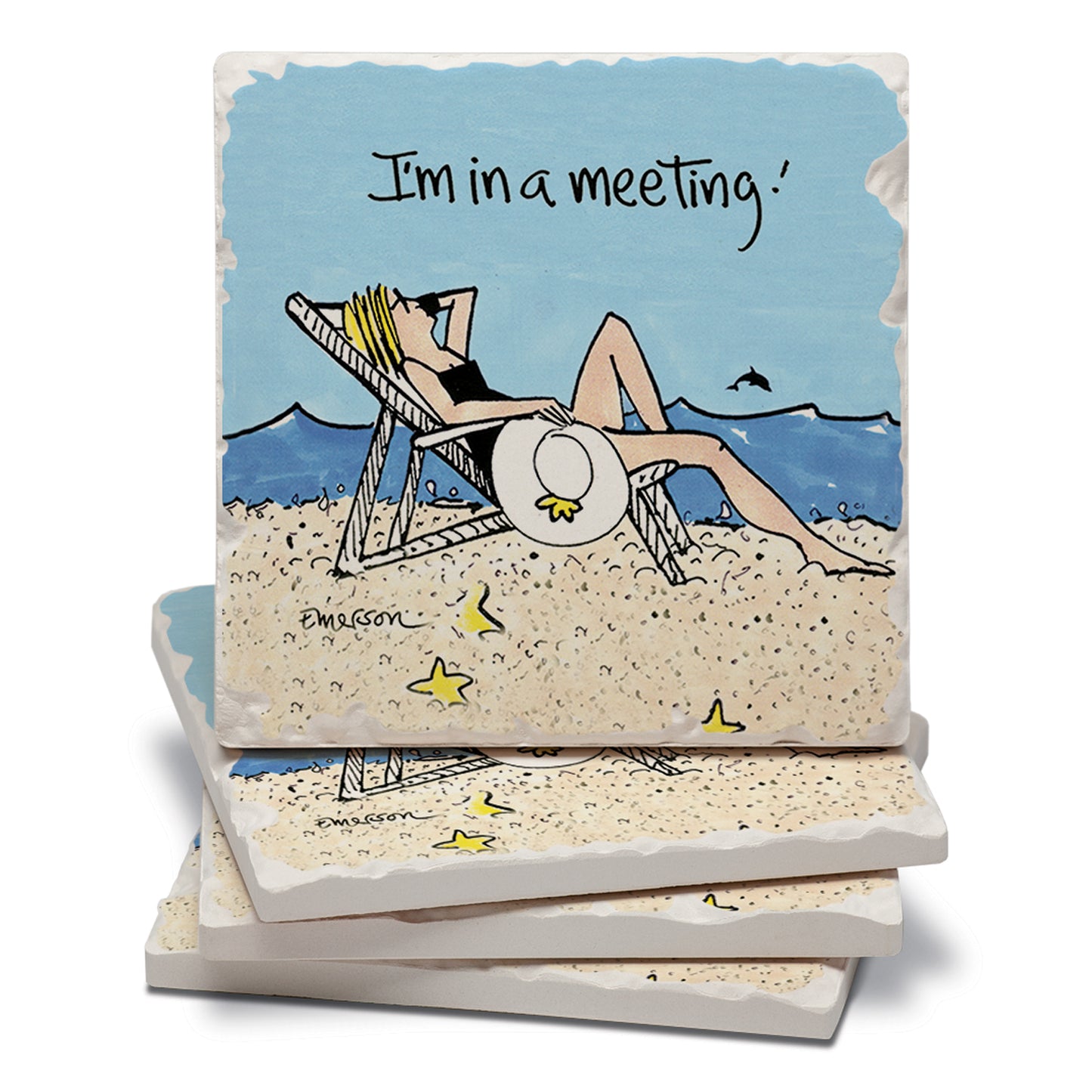 Thirstystone Beach Meeting 4 Pack Tumbled Tile Stone Coasters 4" Square Manufactured in the USA