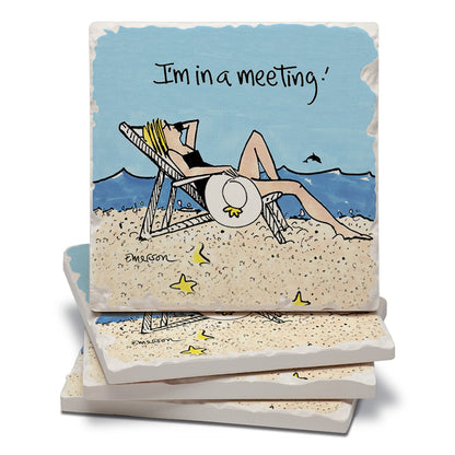 Thirstystone Beach Meeting 4 Pack Tumbled Tile Stone Coasters 4" Square Manufactured in the USA