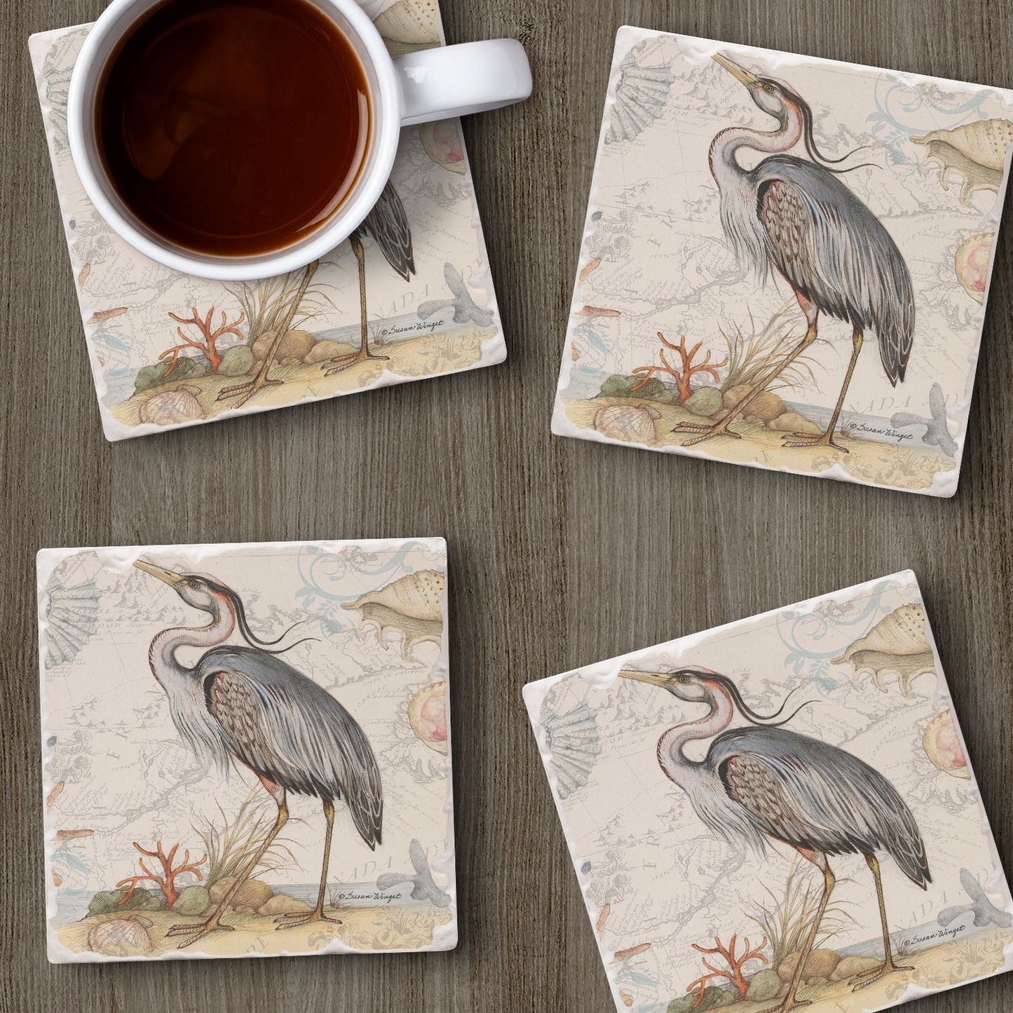 Thirstystone Blue Heron 4 Pack Tumbled Tile Stone Coasters 4" Square Manufactured in the USA