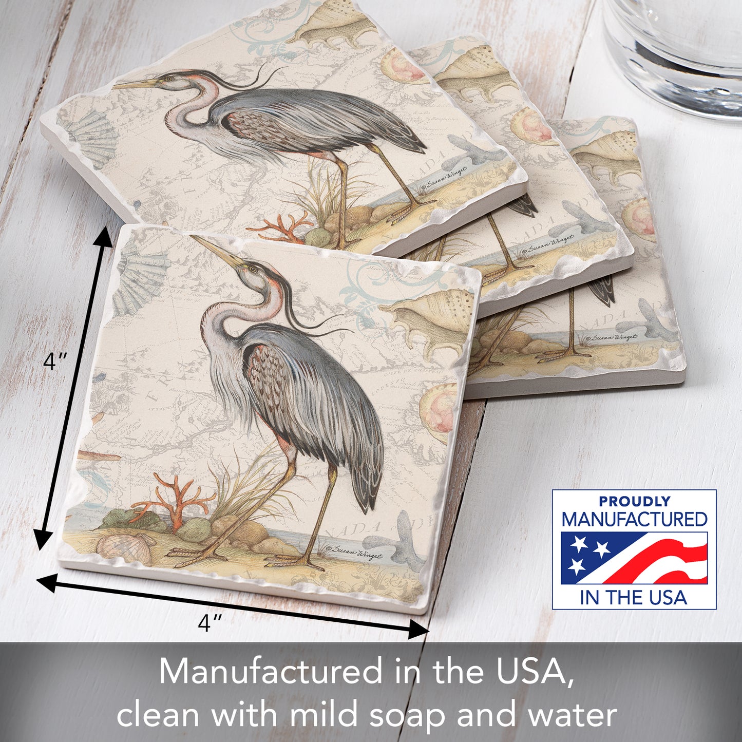 Thirstystone Blue Heron 4 Pack Tumbled Tile Stone Coasters 4" Square Manufactured in the USA