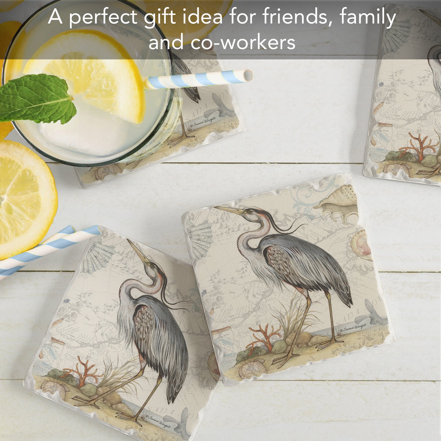 Thirstystone Blue Heron 4 Pack Tumbled Tile Stone Coasters 4" Square Manufactured in the USA