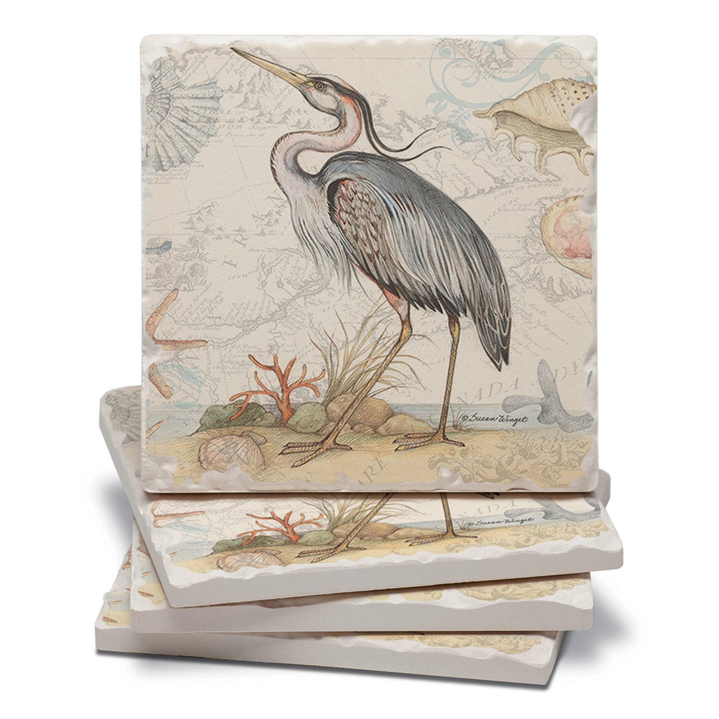 Thirstystone Blue Heron 4 Pack Tumbled Tile Stone Coasters 4" Square Manufactured in the USA