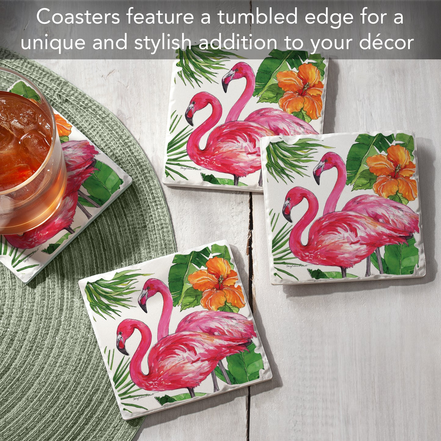 Thirstystone Tropical Flamingo Pair 4 Pack Tumbled Tile Stone Coasters 4" Square Manufactured in the USA