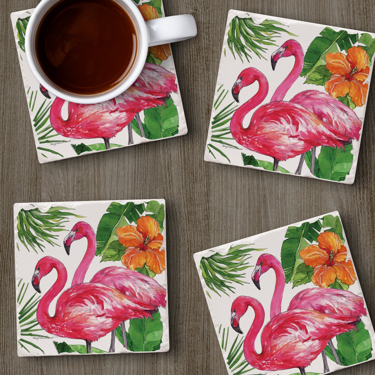 Thirstystone Tropical Flamingo Pair 4 Pack Tumbled Tile Stone Coasters 4" Square Manufactured in the USA