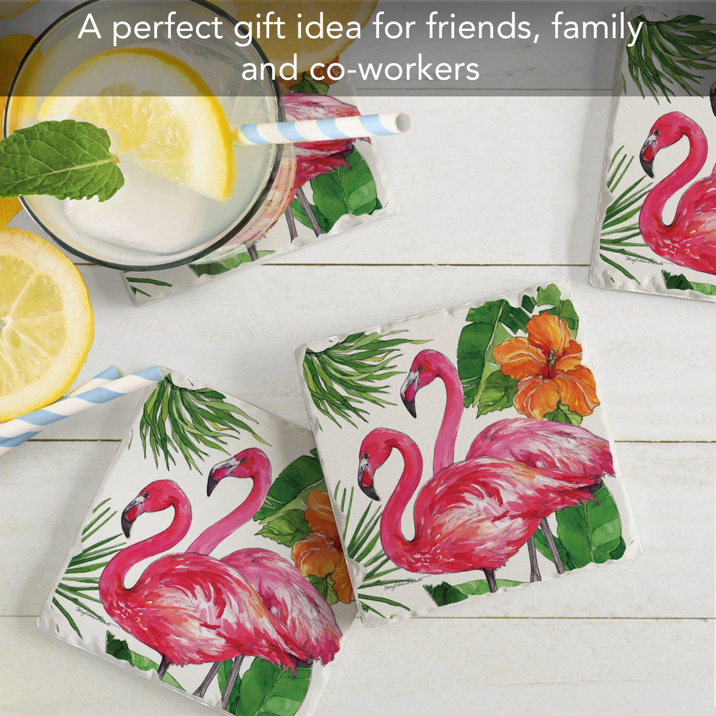 Thirstystone Tropical Flamingo Pair 4 Pack Tumbled Tile Stone Coasters 4" Square Manufactured in the USA
