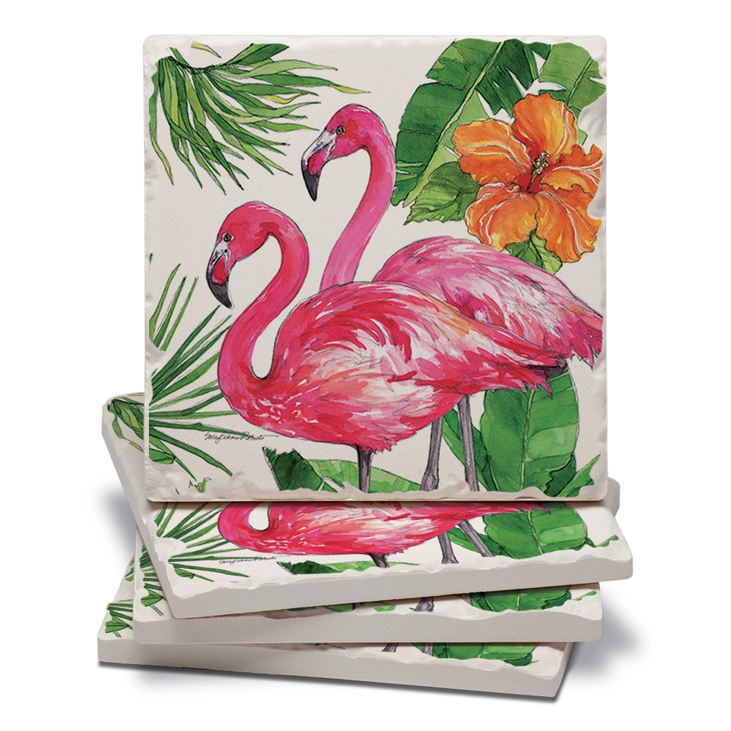 Thirstystone Tropical Flamingo Pair 4 Pack Tumbled Tile Stone Coasters 4" Square Manufactured in the USA