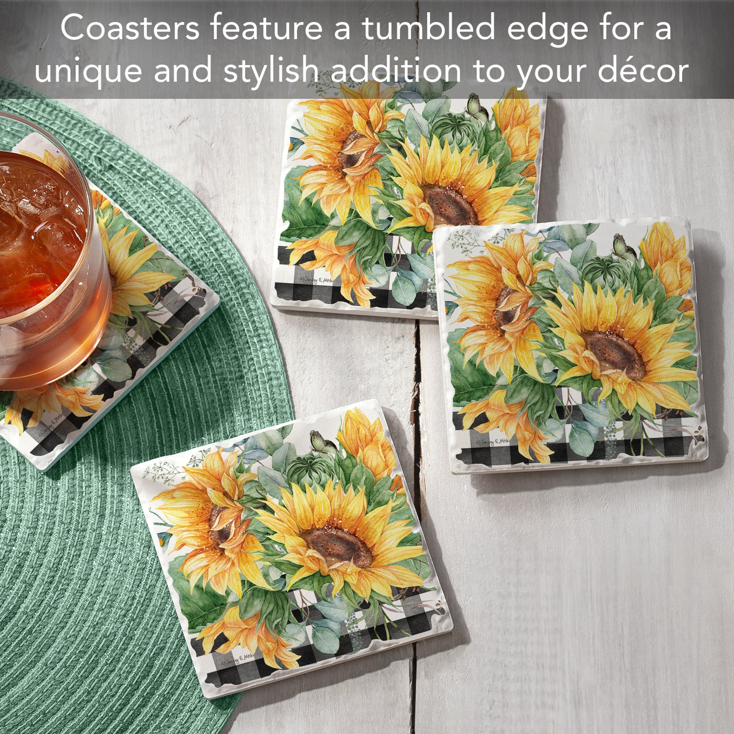 Thirstystone Sunflower Fields 4 Pack Tumbled Tile Stone Coasters 4" Square Manufactured in the USA