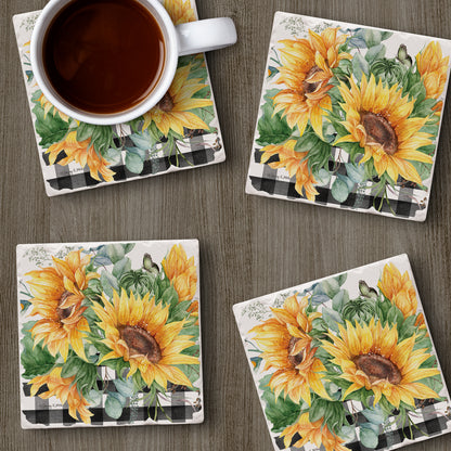 Thirstystone Sunflower Fields 4 Pack Tumbled Tile Stone Coasters 4" Square Manufactured in the USA